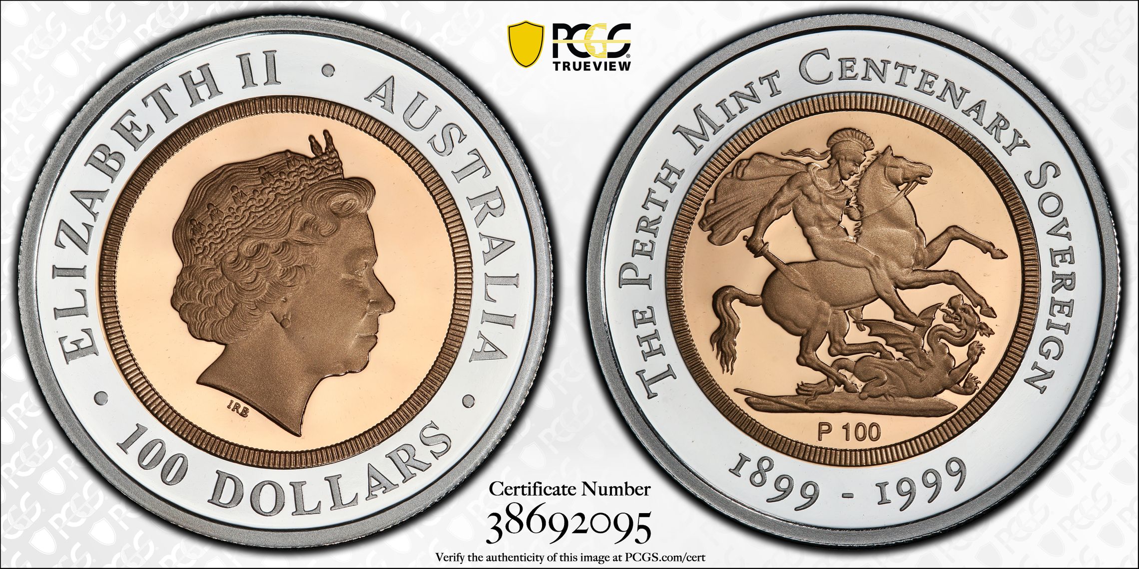 1999-P Australia One Hundred Dollar, $100 Proof Perth Mint Centenary Sov PCGS - PR69DCAM -095