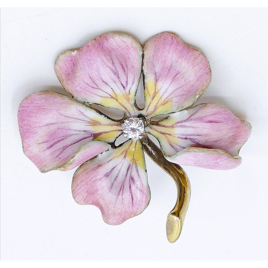 Vintage 14k Enameled Diamond Flower Brooch 1.25'' - 6.7 Grams