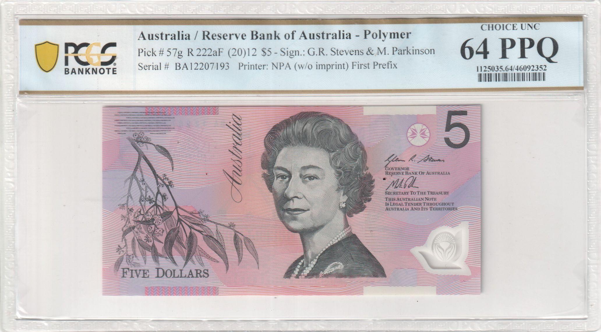 146 · RBA, Polymer, NPA (w/o imprint), Sign.: G.R. Stevens & M. Parkinson, First Prefix, Five Dollar, 2012, PCGS - Choice UNC 64 PPQ