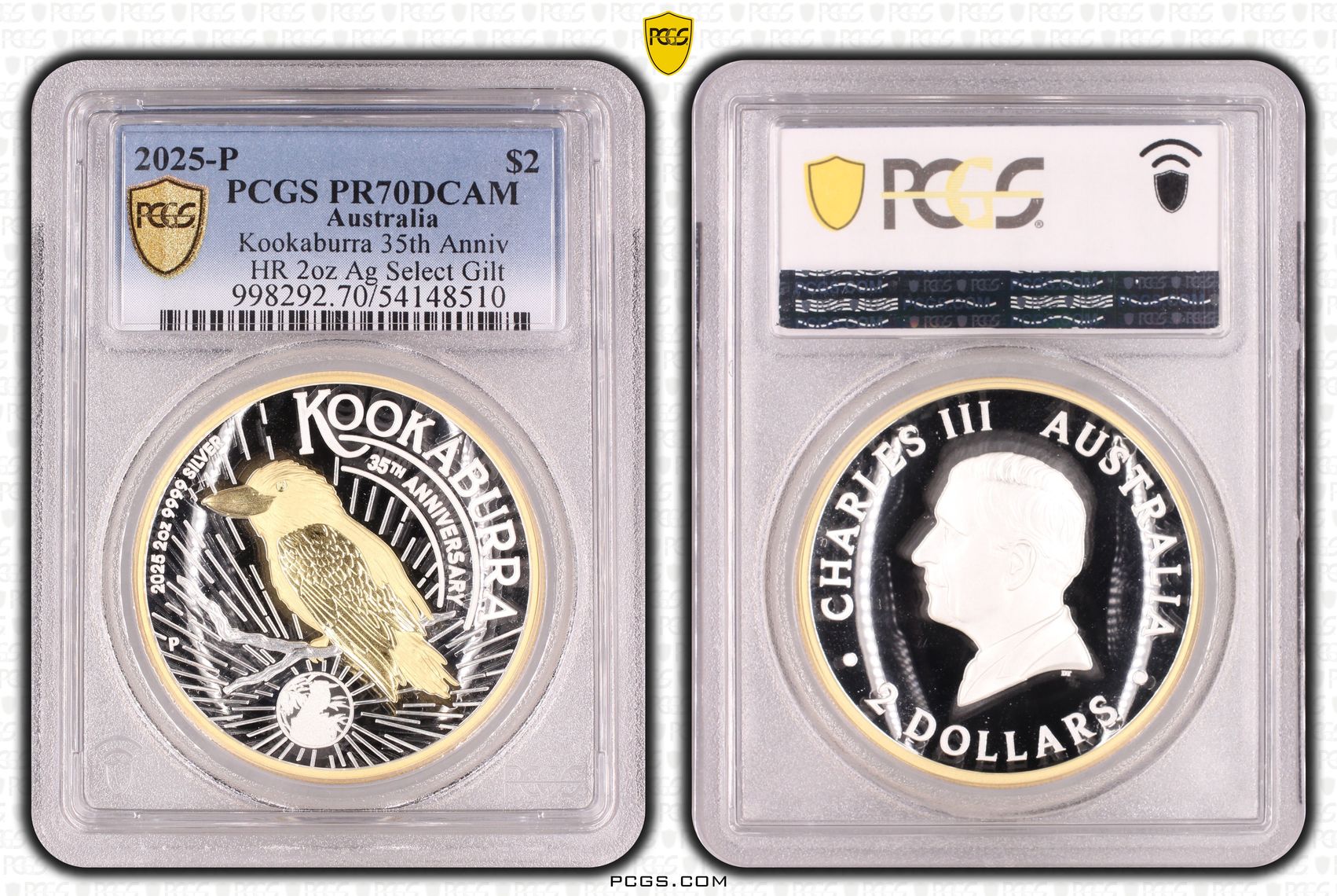 Kookaburra 35th Anniv HR 2oz Silver Select Gilt, POP 4/0, Two Dollar, 2025-P, PCGS PR70DCAM