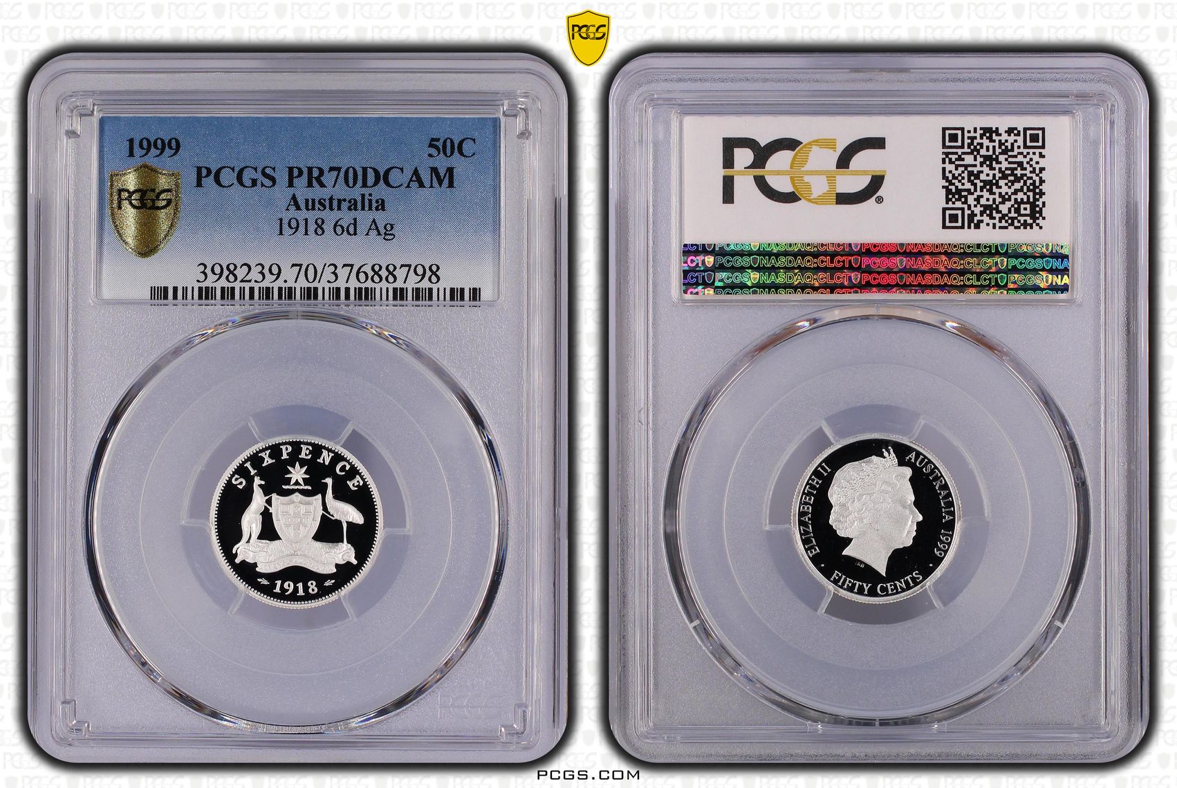 282 · 1999 Australia Fifty Cent, 50c Silver Proof 1918 6d Ag PCGS - PR70DCAM POP 34/0 -798