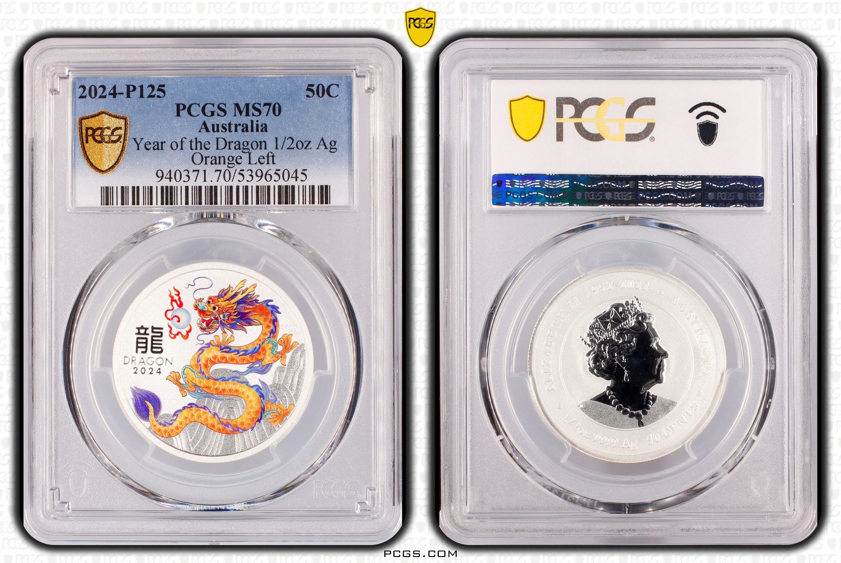 Year of the Dragon 1/2oz Ag Orange Left, POP 1/0, Fifty Cent, 2024-P125, PCGS MS70