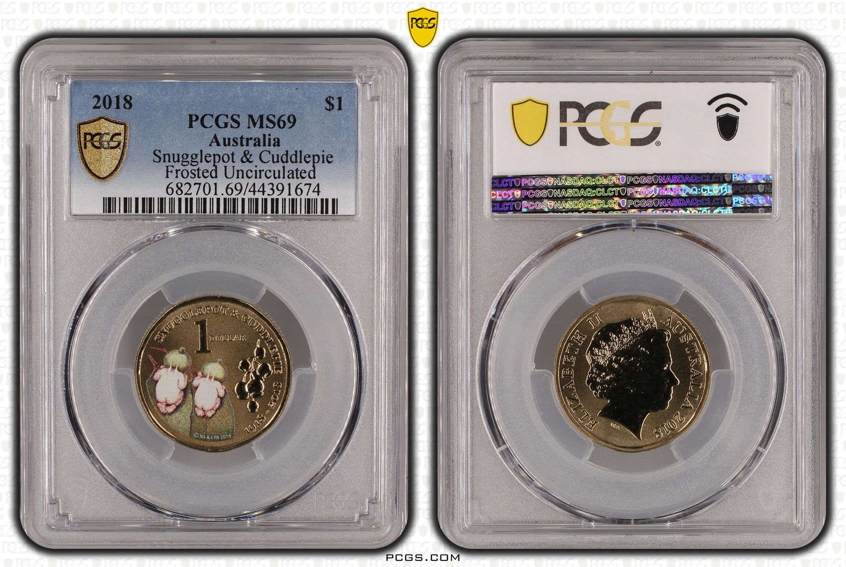 2018 Australia One Dollar, $1 Snugglepot & Cuddlepie - Frosted Uncirculated PCGS - MS69 -674