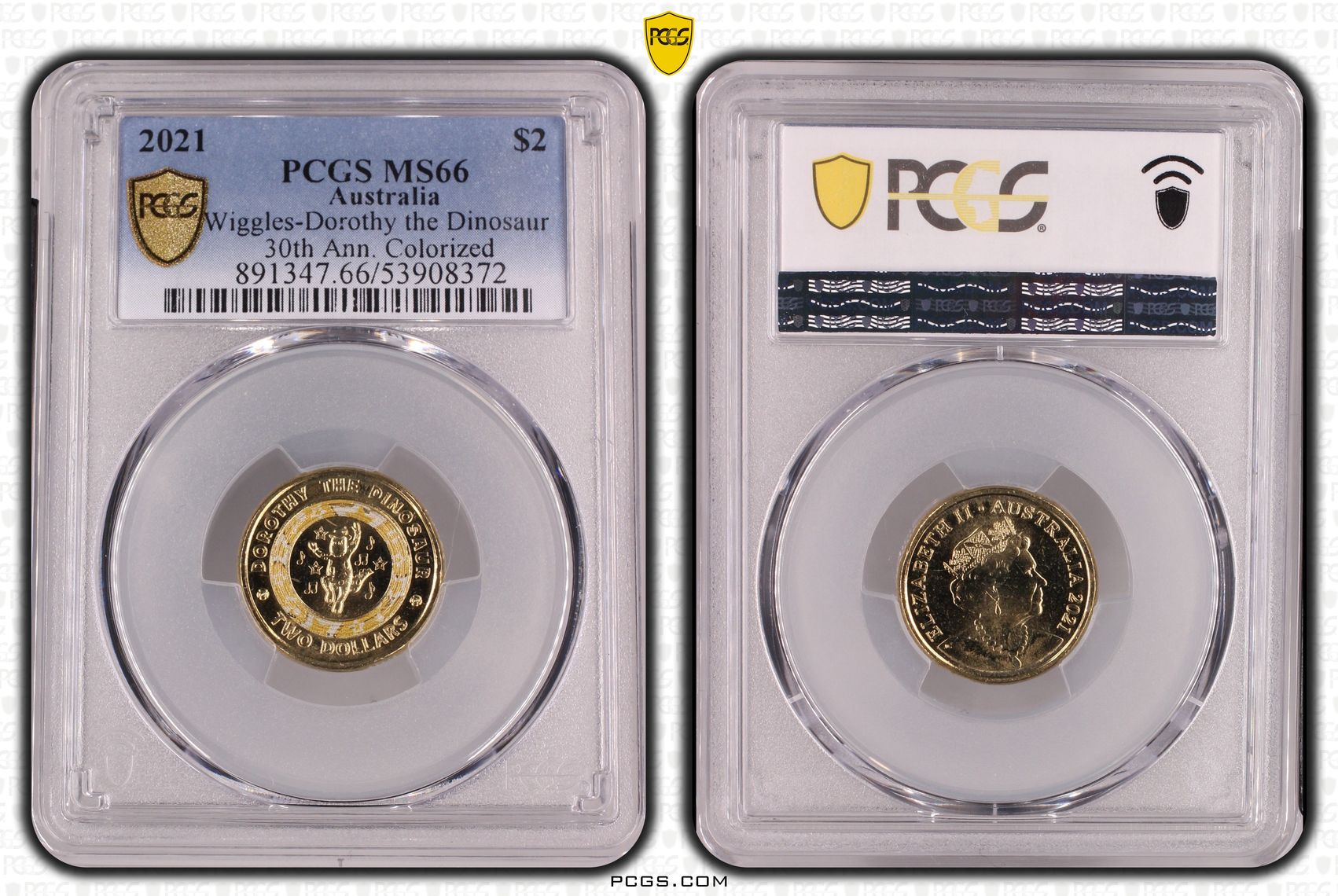 Wiggles-Dorothy the Dinosaur 30th Ann. Colourised, Two Dollar, 2021, PCGS MS66