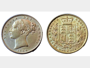 1864 VICTORIA YOUNG HEAD #DIE 9 SHIELD GOLD SOVEREIGN