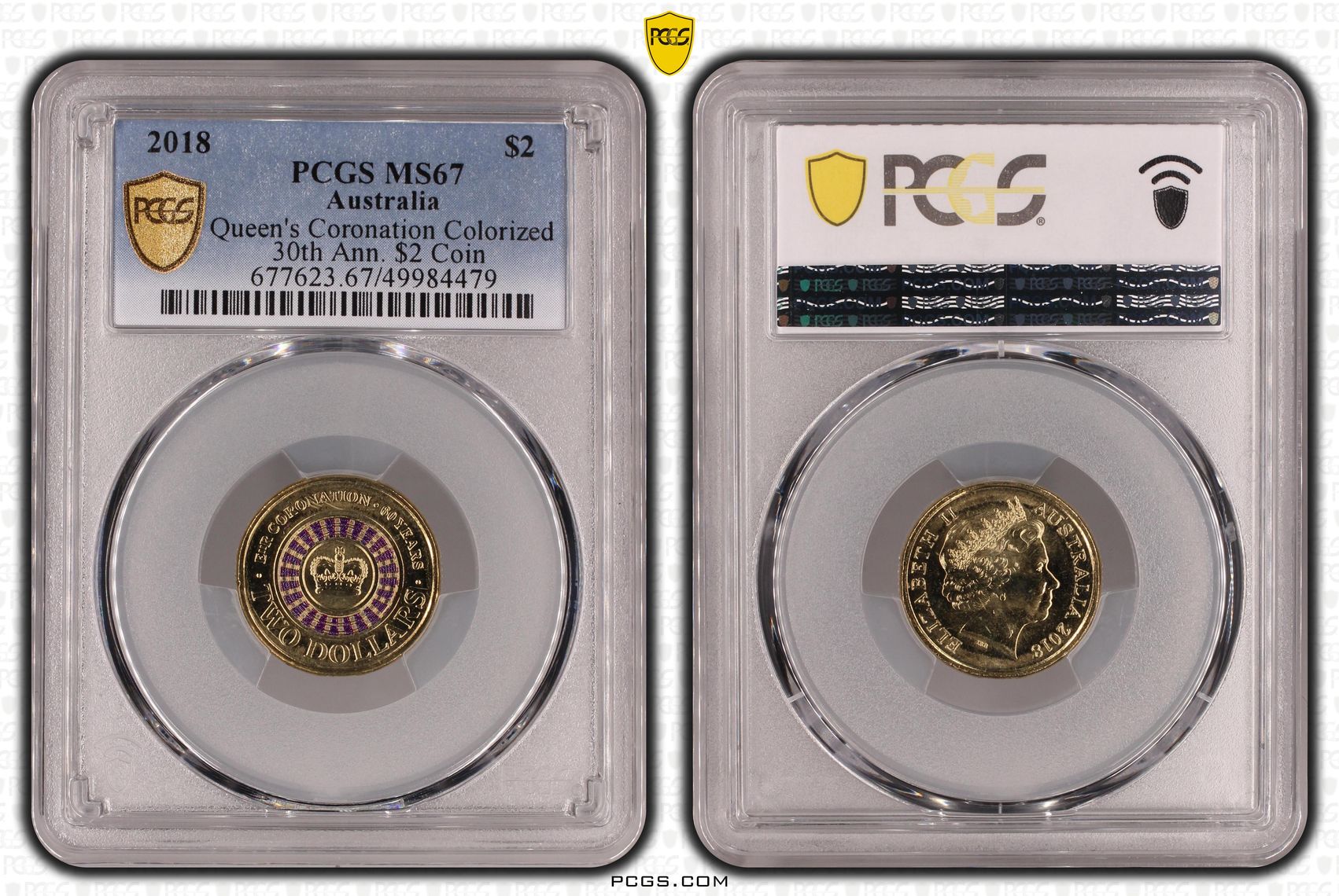 421 · Queen's Coronation Colorized 30th Ann. $2 Coin, Two Dollar, 2018, PCGS MS67