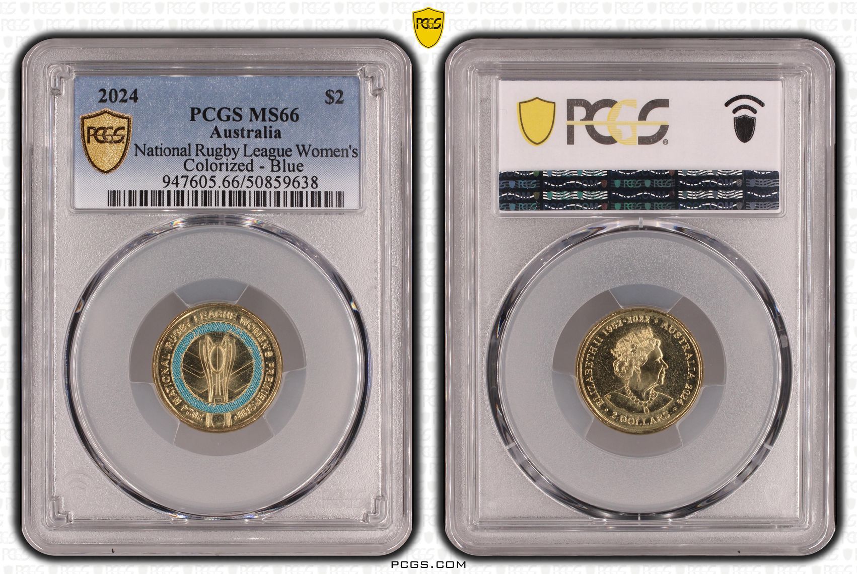 National Rugby League Women's Colourised - Blue, Two Dollar, 2024, PCGS MS66