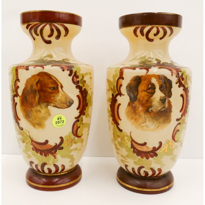 Pair Antique Bristol Glass Dog Portrait Vases- 10''