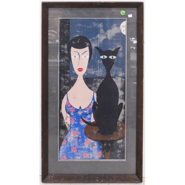 Richard Kirsten 'Young Girl with Black Cat' Woodblock Print Framed- 30x17''