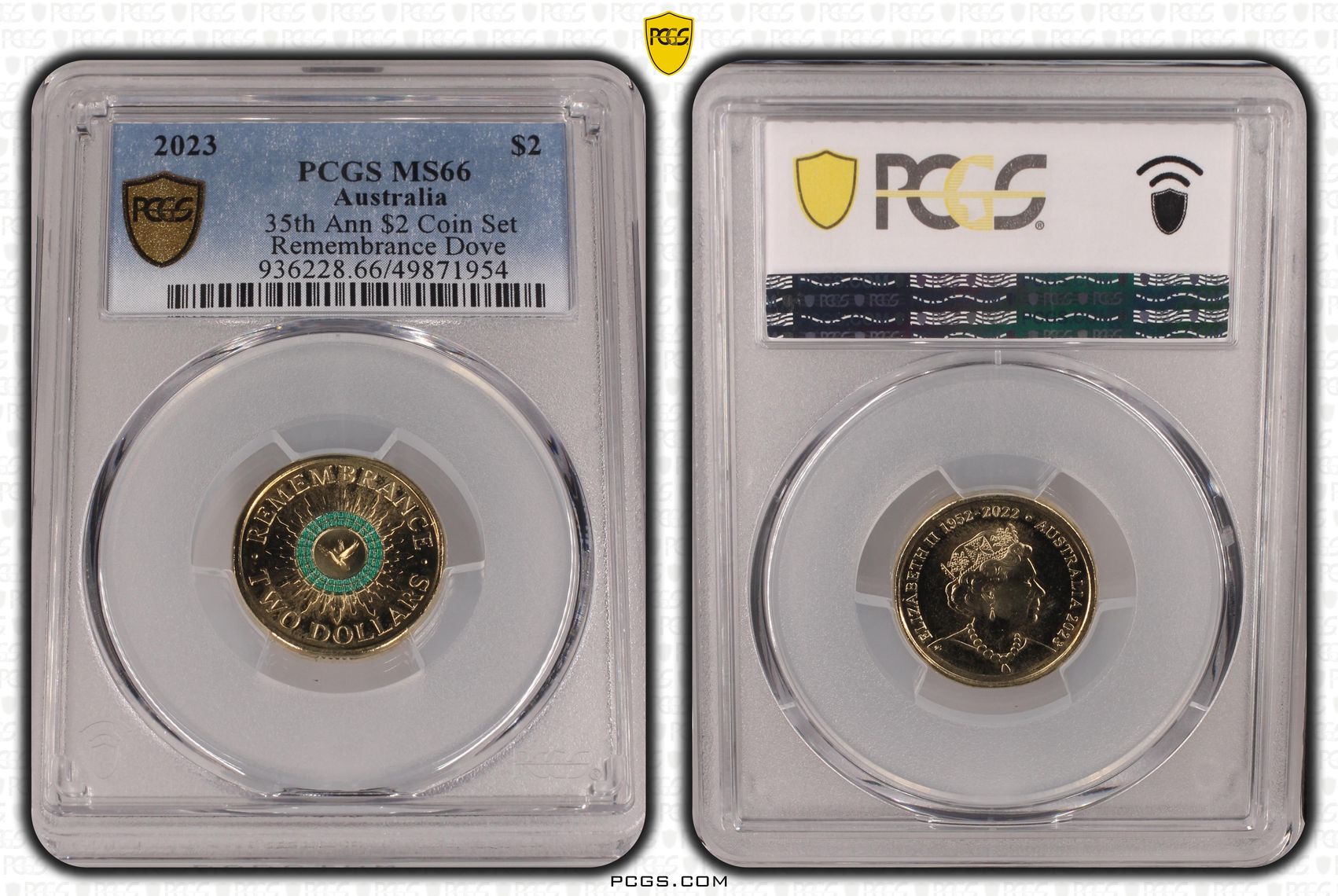 35th Ann $2 Coin Set Remembrance Green Dove, Two Dollar, 2023, PCGS MS66