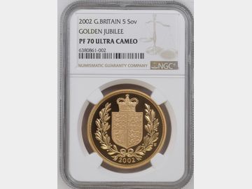 2002 ELIZABETH II GOLDEN JUBILEE PROOF GOLD 5 POUND COIN PF70 UCAM
