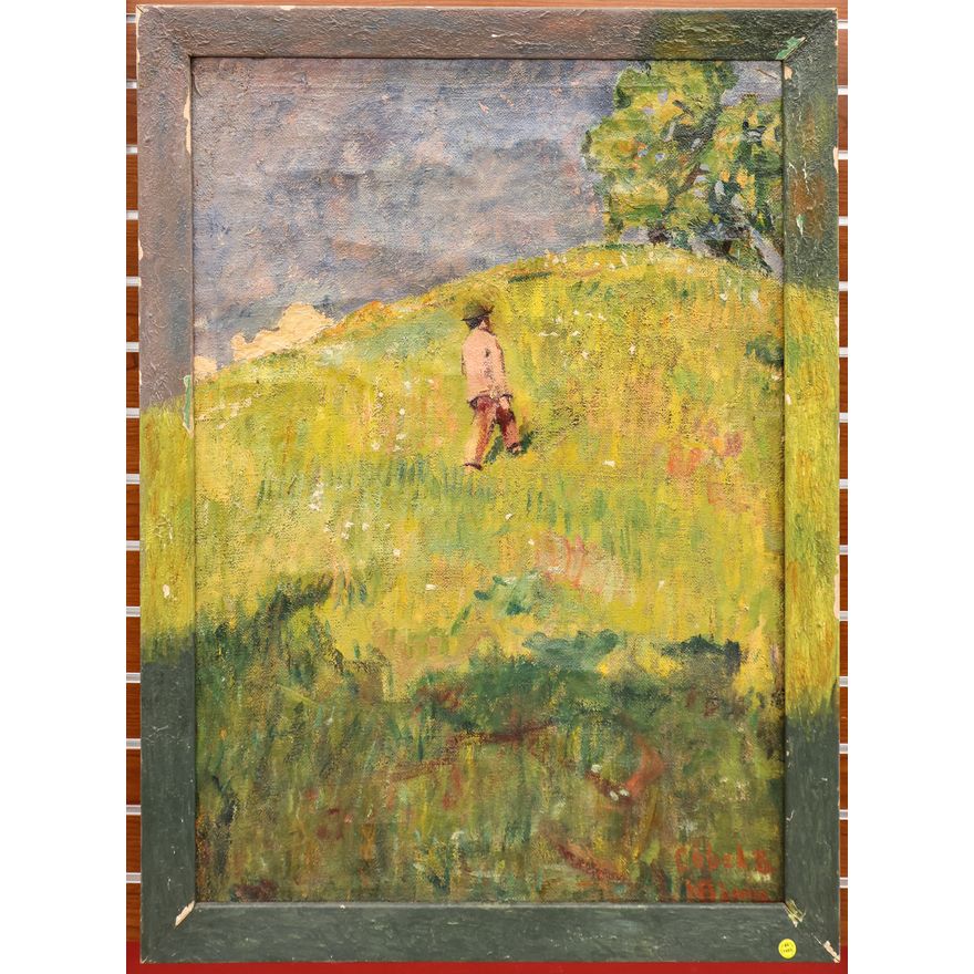 Antique Hungarian Man in Countryside Oil Painting on Burlap Framed 42''x31''