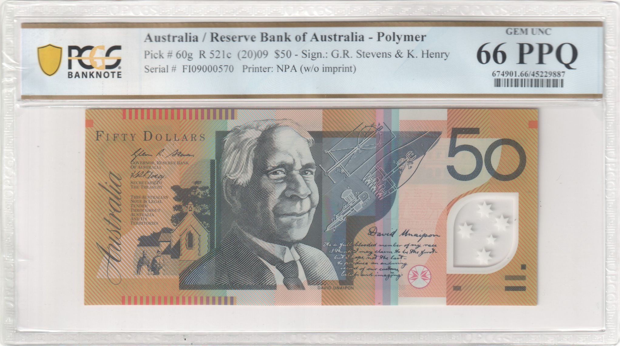 2009 $50 Macfarlane/Evans Gem Unc 66 PPQ from NPA Folder