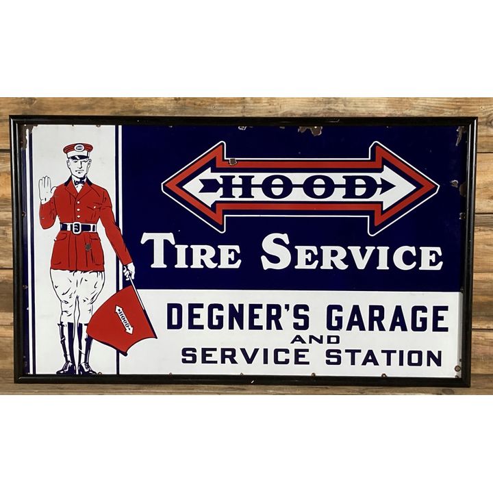 Hood Tire Service "Degner's Garage" w/ Hood Man Single Sided Porcelain Sign TAC 8.5