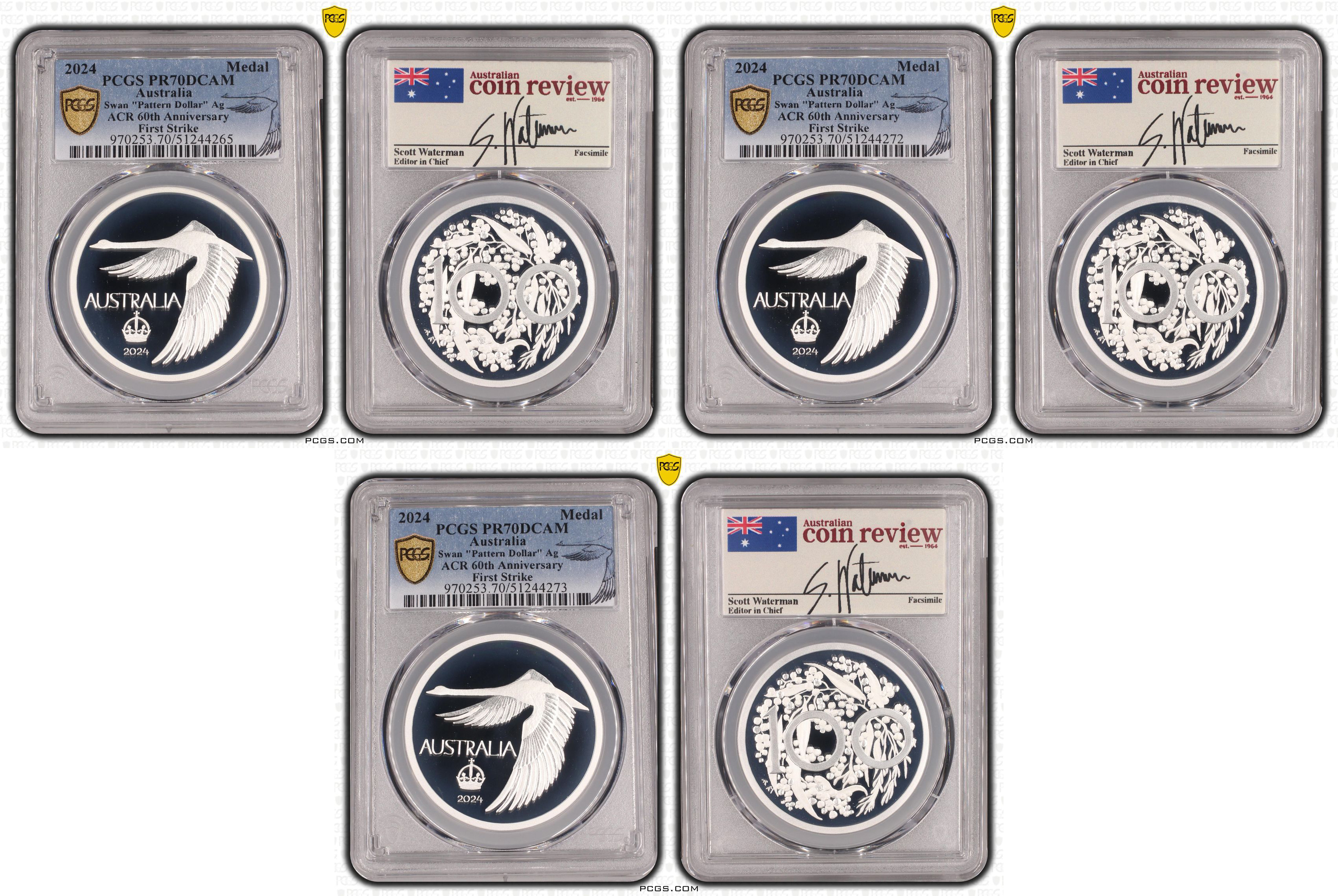 Trio of ACR Swan Pattern Dollar Silver Proof, Crown, 2024, PCGS PR70DCAM