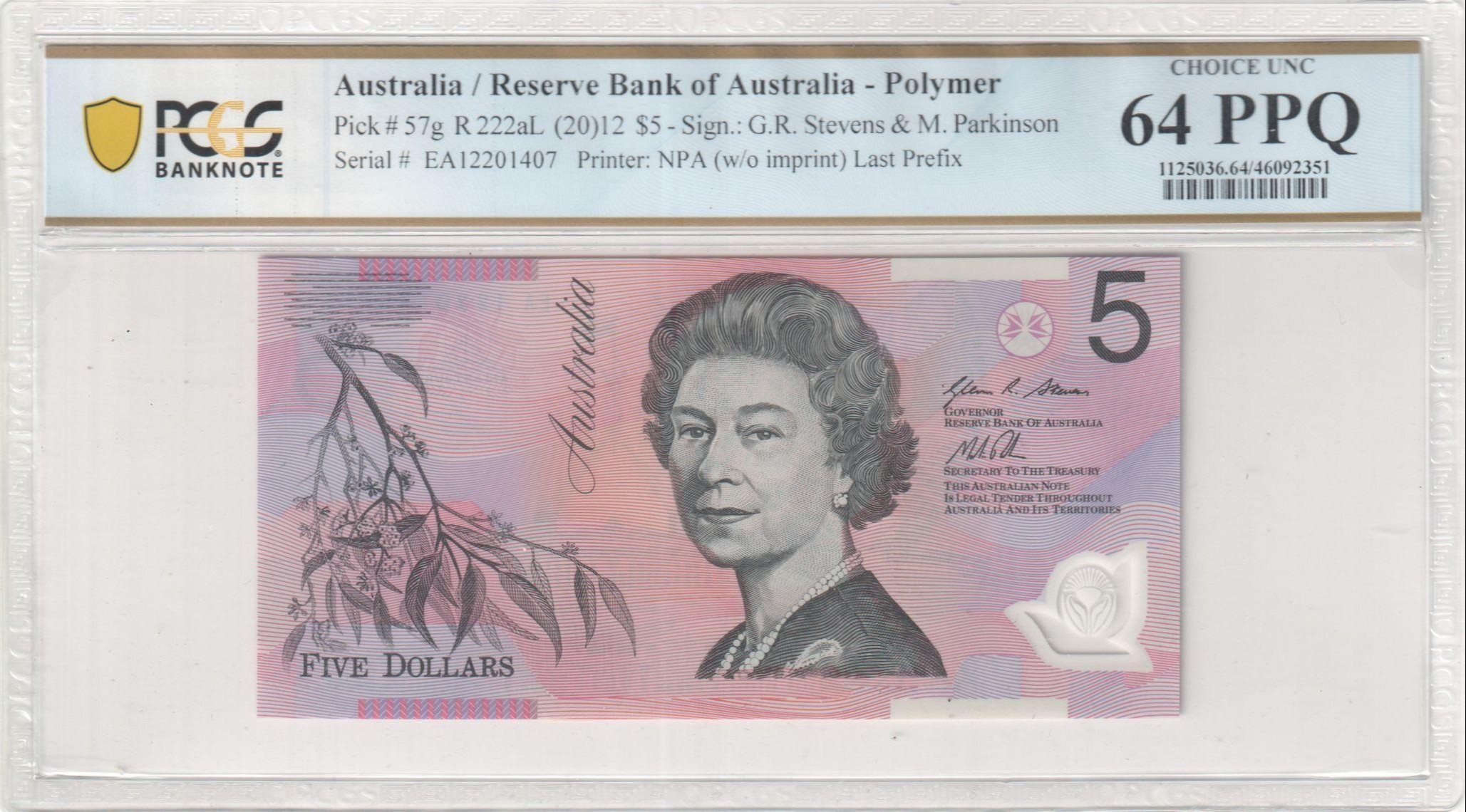 145 · RBA, Polymer, NPA (w/o imprint), Sign.: G.R. Stevens & M. Parkinson, Last Prefix, Five Dollar, 2012, PCGS - Choice UNC 64 PPQ
