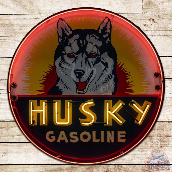Scarce Husky Gasoline 48" Factory Single Sided Porcelain Neon Sign w/ Northern Lights