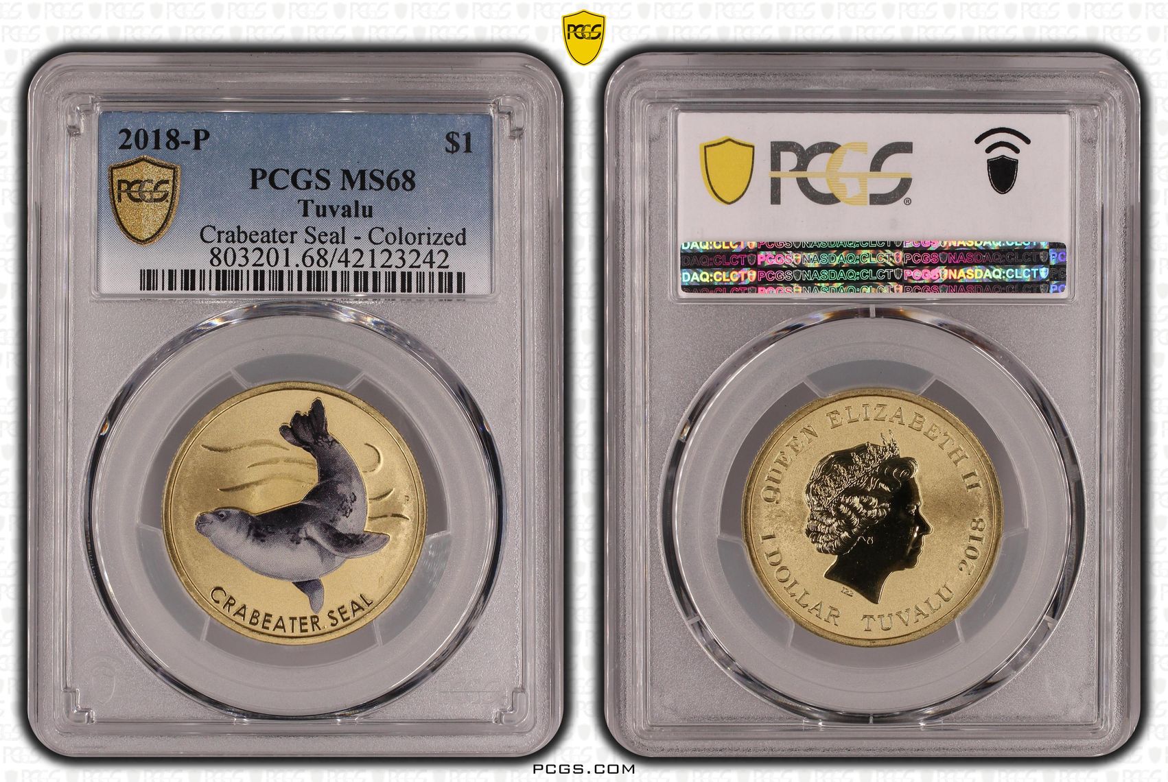 Tuvalu, Crabeater Seal - Colorized, One Dollar, 2018-P, PCGS MS68