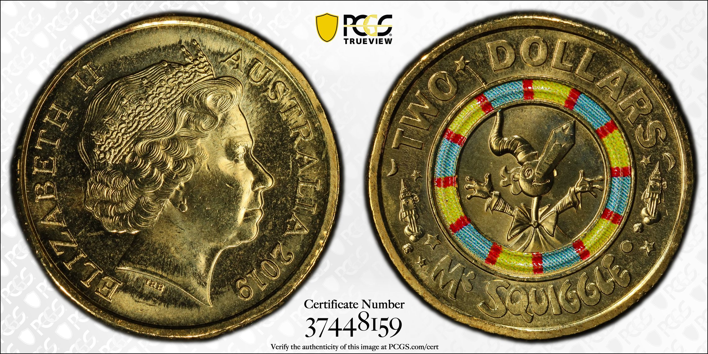 60 Yrs of Mr. Squiggle - Mr. Squiggle Colorized, Two Dollar, 2019, PCGS MS67