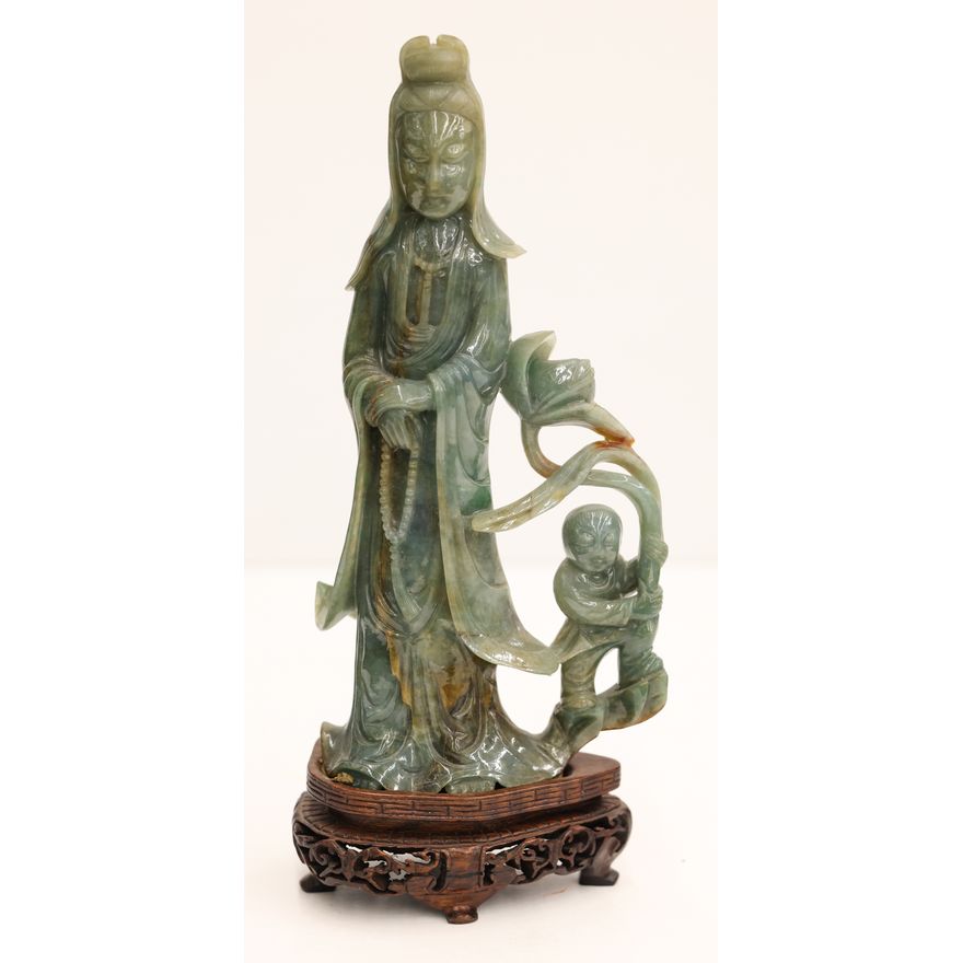 Chinese Jade Guanyin with Boy on Stand