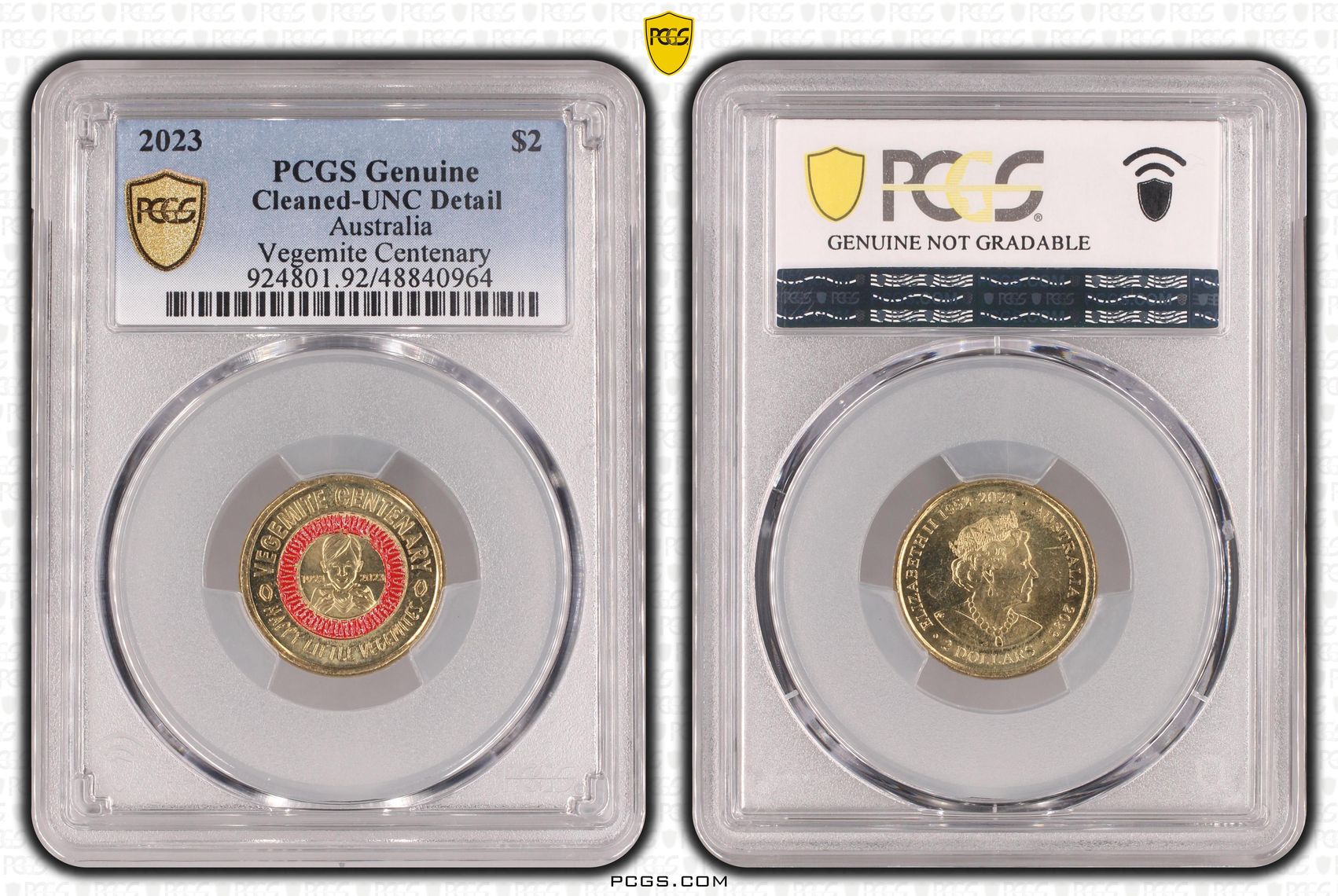 Elizabeth II, Vegemite Centenary - Happy Little Vegemites, Two Dollar, 2023, PCGS Genuine - UNC Details (92 - Cleaned)