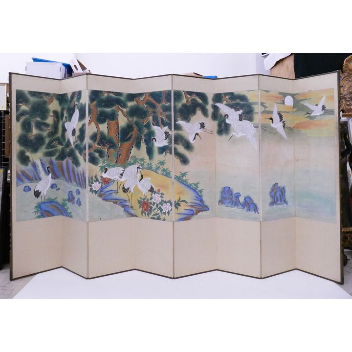 Korean 8 Panel Painted Crane & Landscape Room Screen- 67x129''