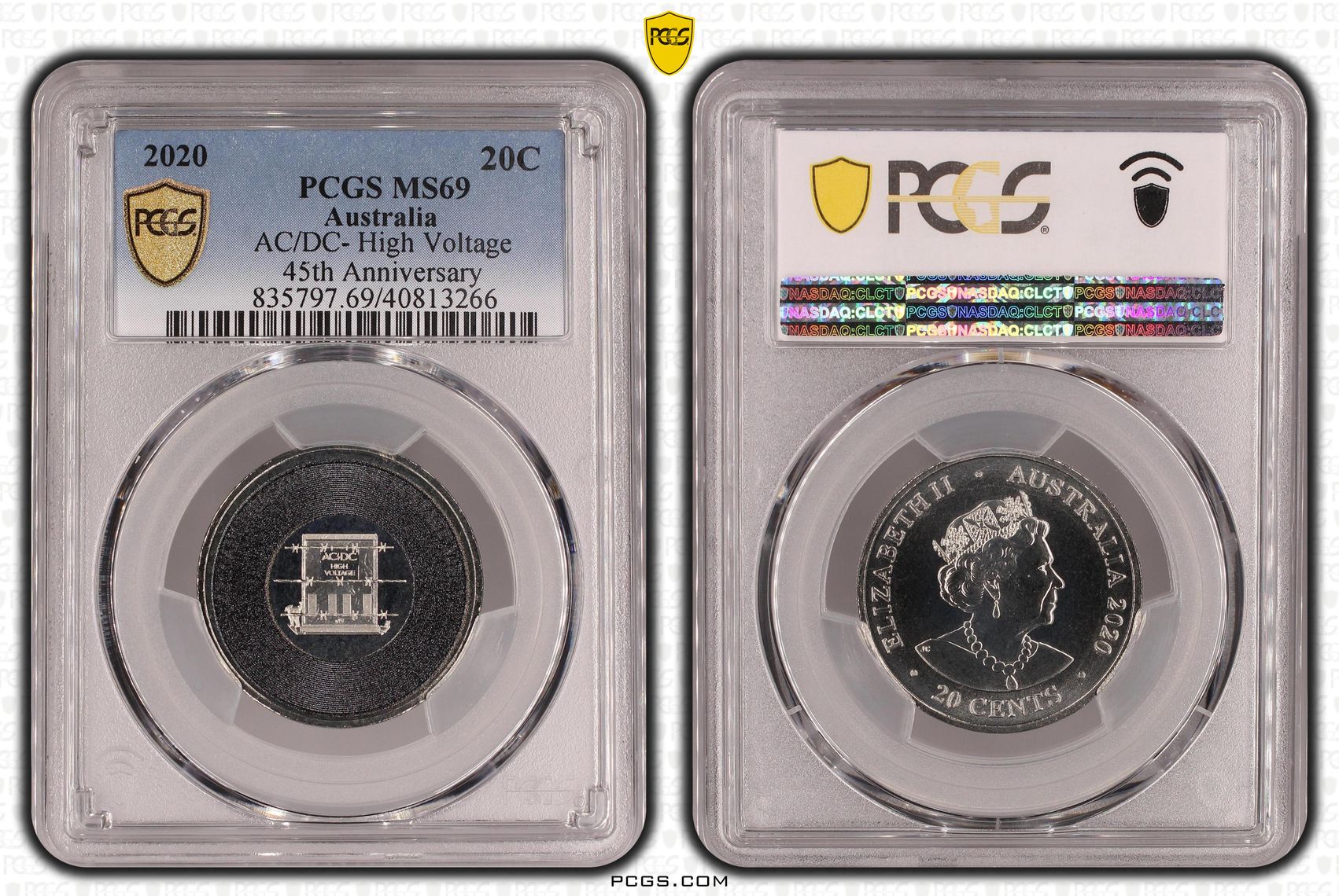 154 · Elizabeth II, AC/DC- High Voltage 45th Anniversary  POP 71/0, Twenty Cent, 2020, PCGS MS69