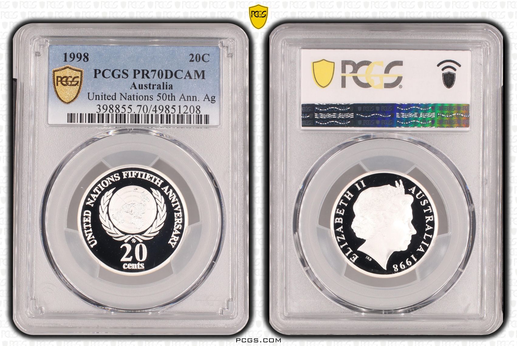 United Nations 50th Ann. Ag POP 18/0, Twenty Cent, 1998, PCGS PR70DCAM