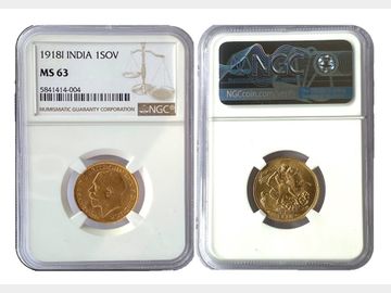 1918 King George V India Mint Gold Sovereign. Graded by NGC MS62