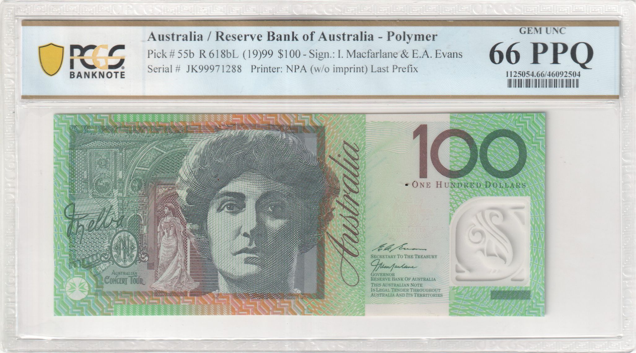 Macfarlane/ Evans, Last Prefix, Hundred Dollar, 1999, PCGS Gem UNC 66 PPQ