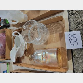 Gravy boat, crystal pitcher and Liberty Bell bottle