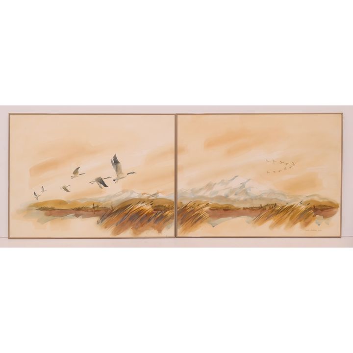 2pc Jess Cauthorn (1923-2005, WA)  'Flying Geese' Diptych Watercolors- 30x80''