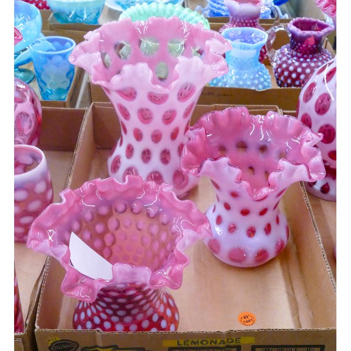 Box 3pc Fenton Pink Glass Ruffled Vases