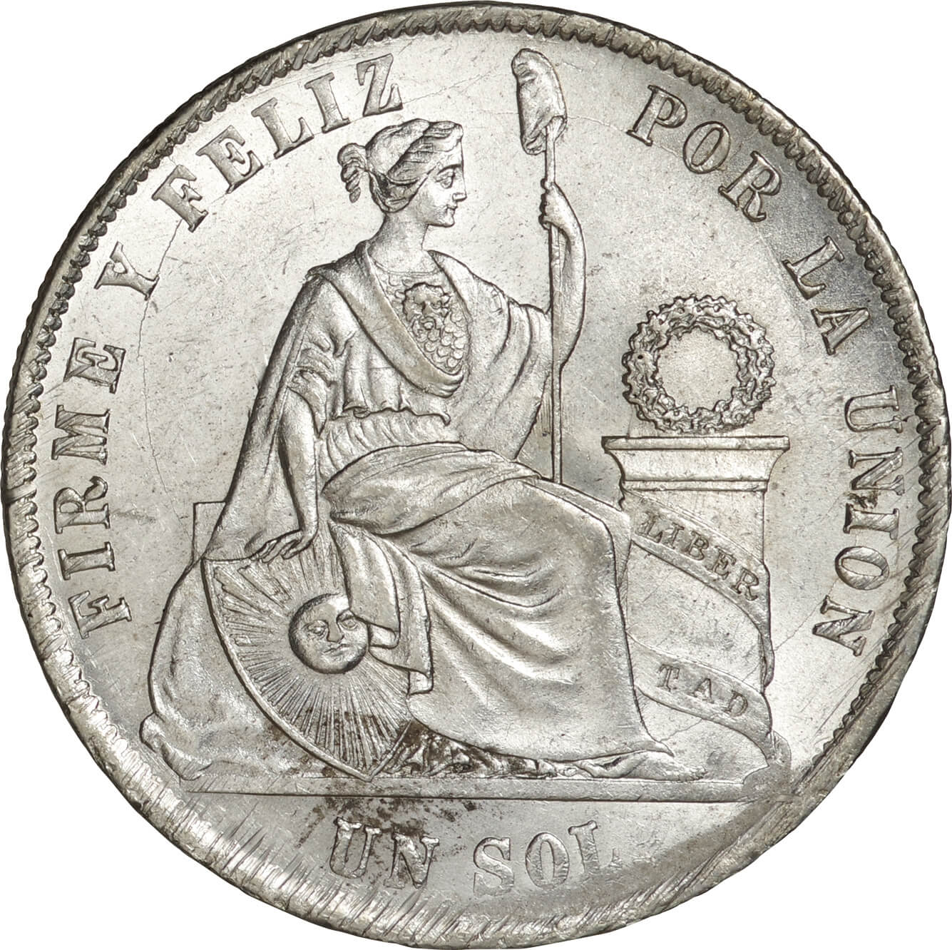 ペルー-Republic of Peru. 1872. Silver. 1ソル. 未使用. UNC. 女神座像 