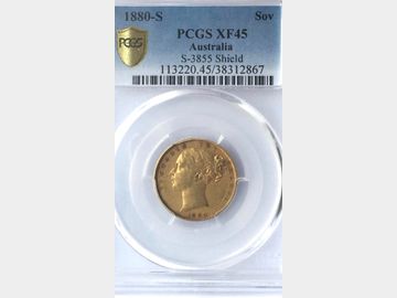1880 Queen Victoria Young Head Sydney Mint Shield Gold Sovereign. PCGS XF45