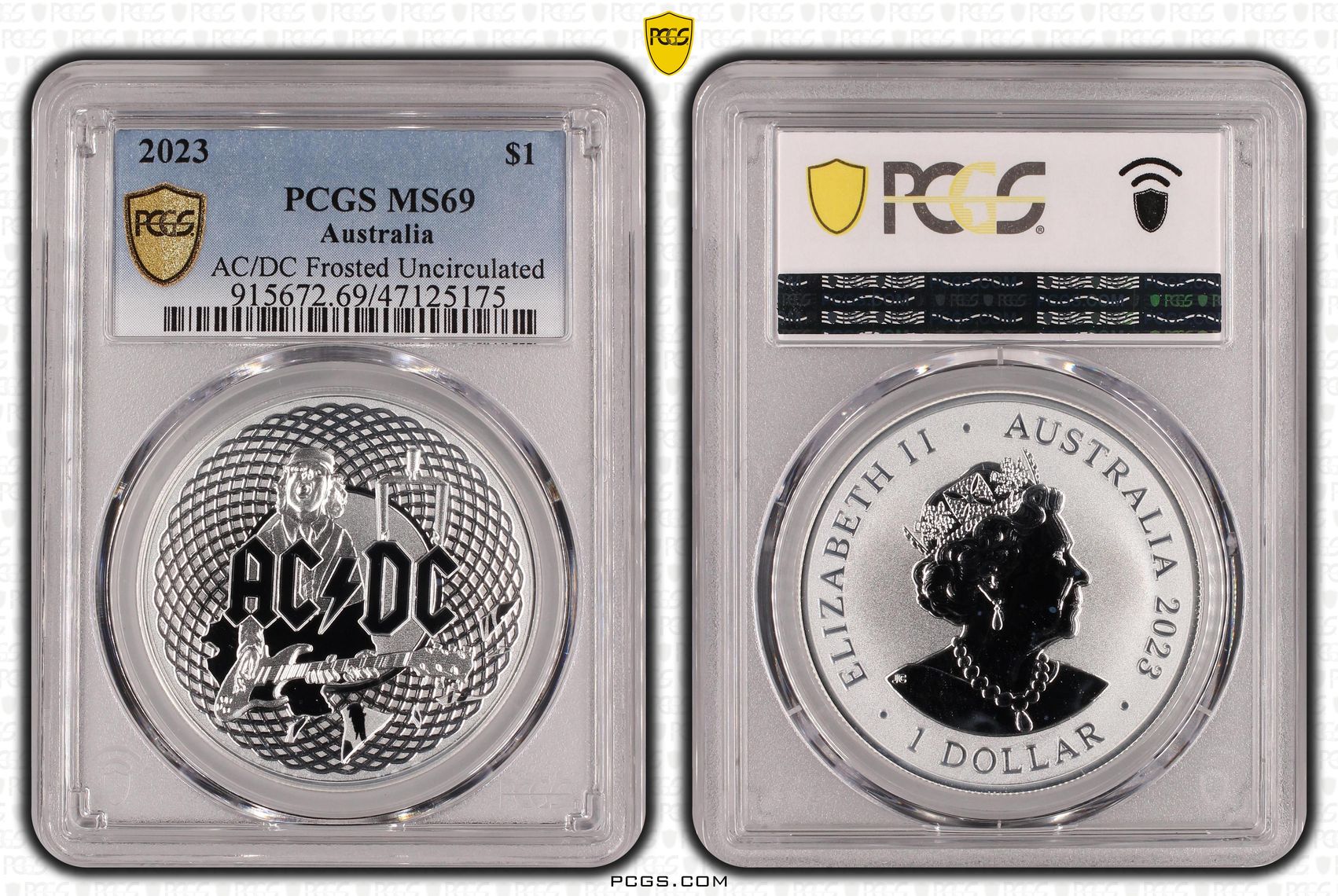 Elizabeth II, AC/DC Frosted Uncirculated, One Dollar, 2023, PCGS MS69
