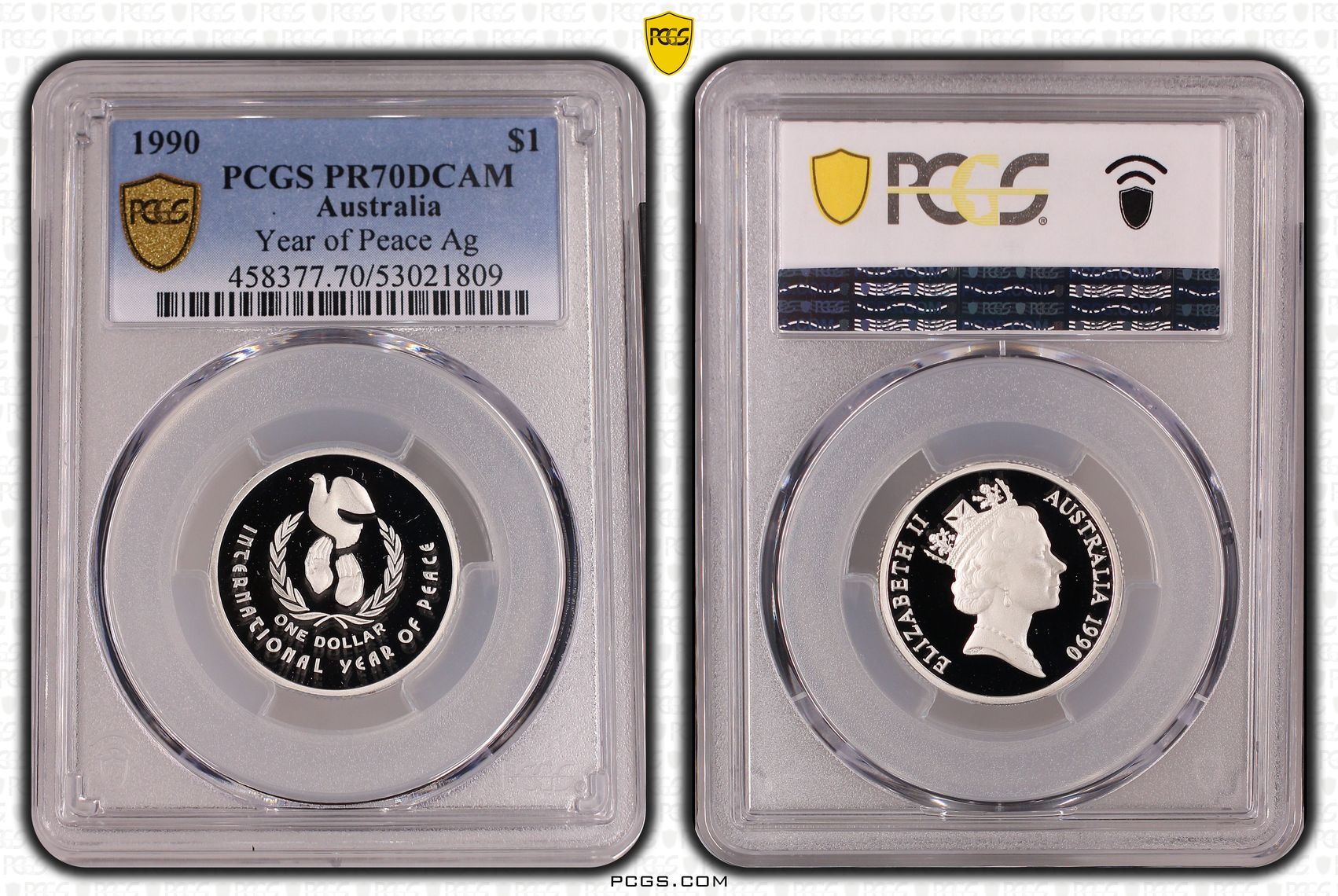 Elizabeth II, Year of Peace Silver, One Dollar, 1990, PCGS PR70DCAM
