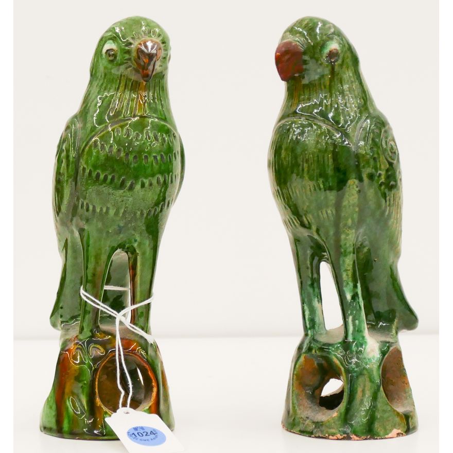 Pair Chinese Green Lead Glazed Birds 8''