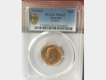 1919 King George V Sydney Mint Gold Sovereign PCGS Graded MS62