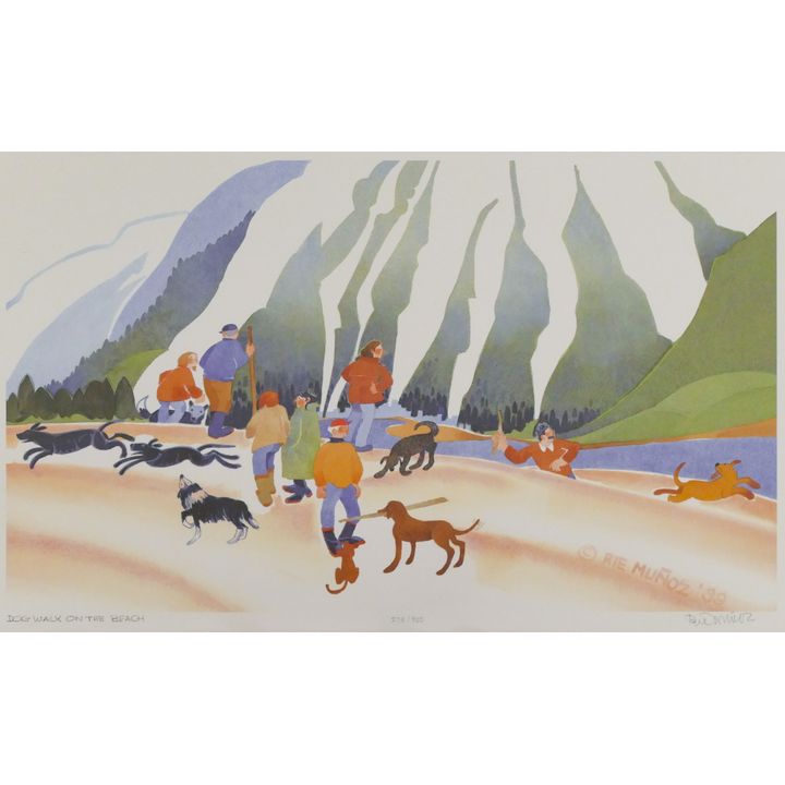 Rie Munoz ''Dog Walk On The Beach'' 1999 Signed Print 14'' x 21'' Sheet.
