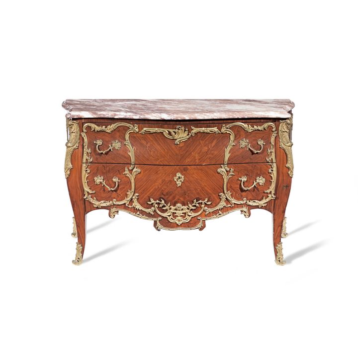 A 20th century Louis XV style rosewood marquetry bombé commode