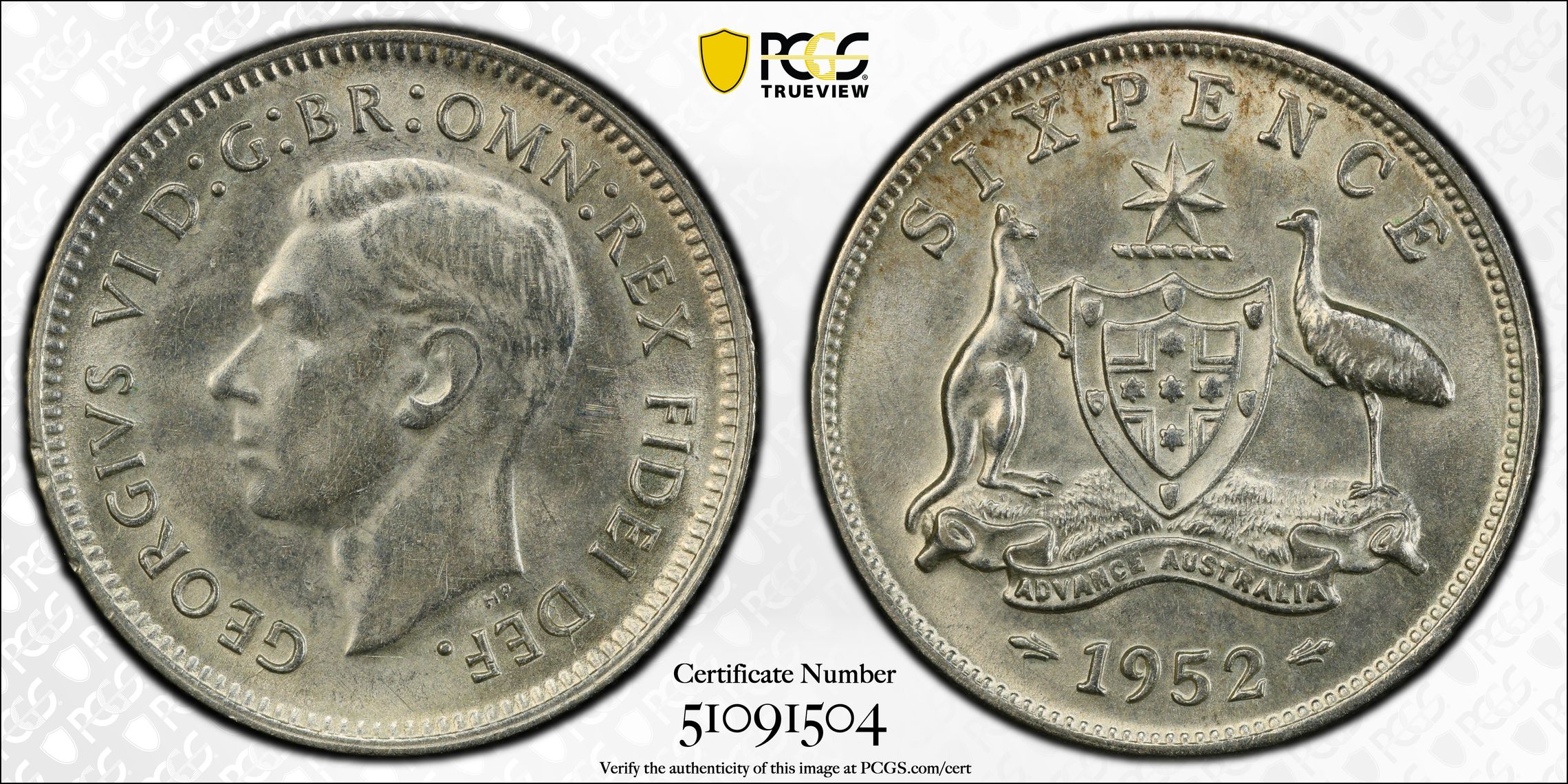 George VI, Sixpence, 1952(m), PCGS MS62