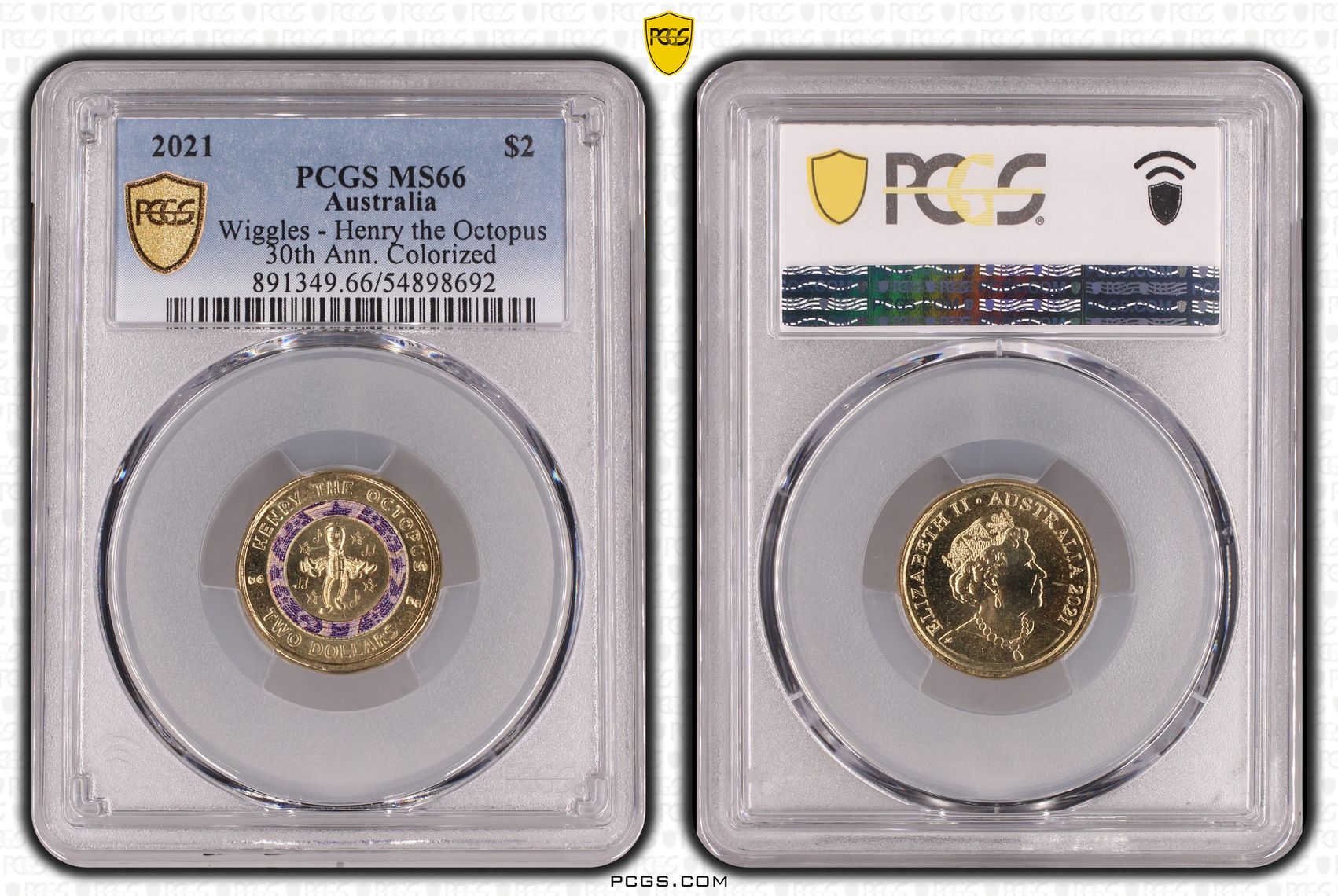 Wiggles - Henry the Octopus 30th Ann. Colourised, Two Dollar, 2021, PCGS MS66
