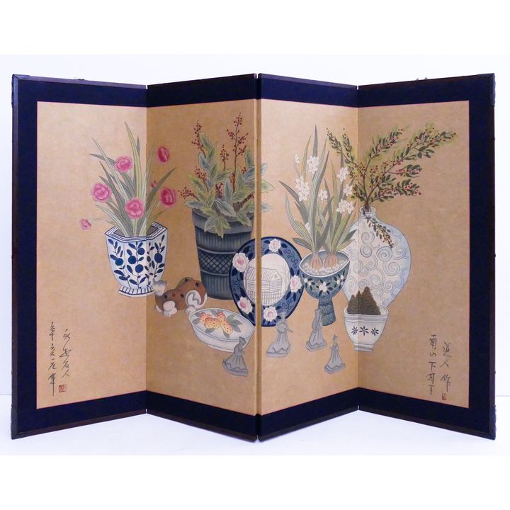 Japanese Painted 4 Panel Screen- Ikebana and Food- 36x54''