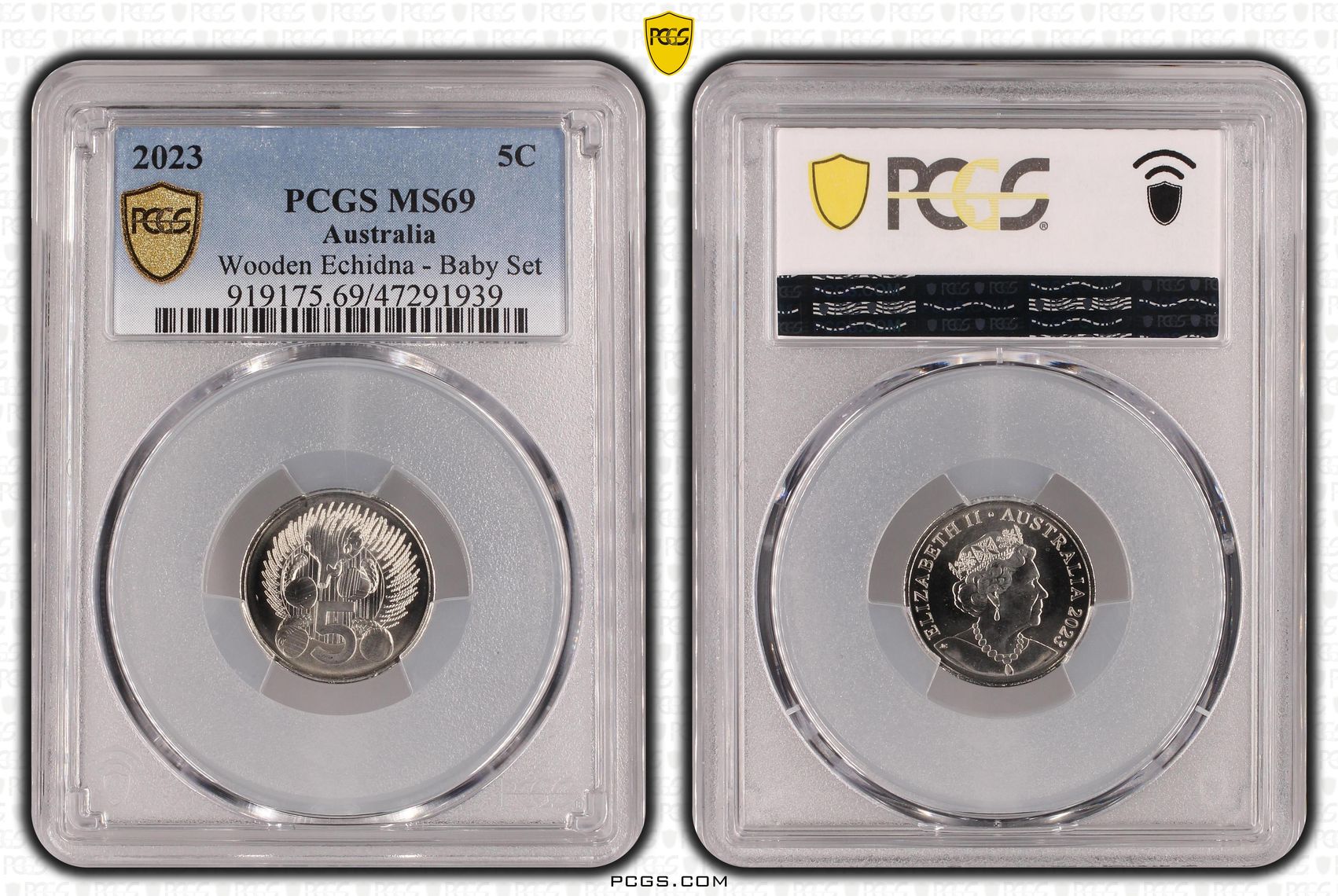 Wooden Echidna - Baby Set, Five Cent, 2023, PCGS MS 69