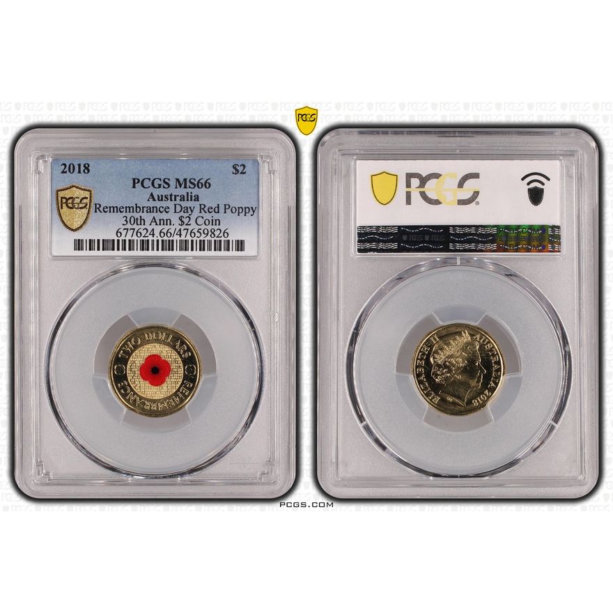 Remembrance Day Red Poppy 30th Ann. $2 Coin, Two Dollar, 2018, PCGS MS 66