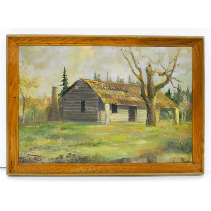 F. Mason Holmes Northwest Cabin Oil Painting Framed- 29x40''- tear in canvas