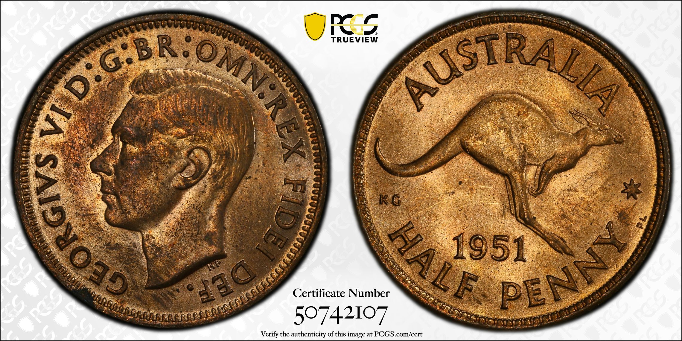George VI, Halfpenny, 1951-PL, PCGS MS63RB