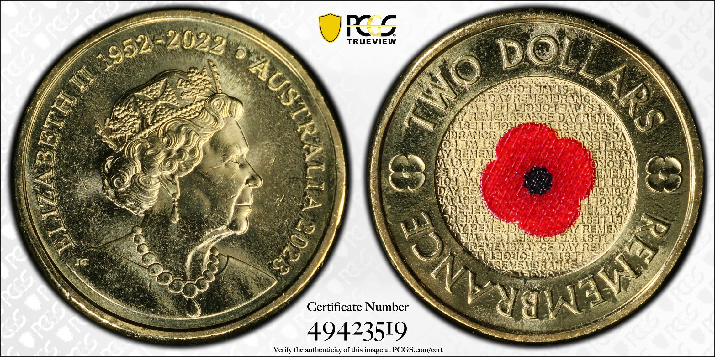 35th Ann $2 Coin Set Colorized Remembrance Red Poppy, Two Dollar, 2023, PCGS MS65