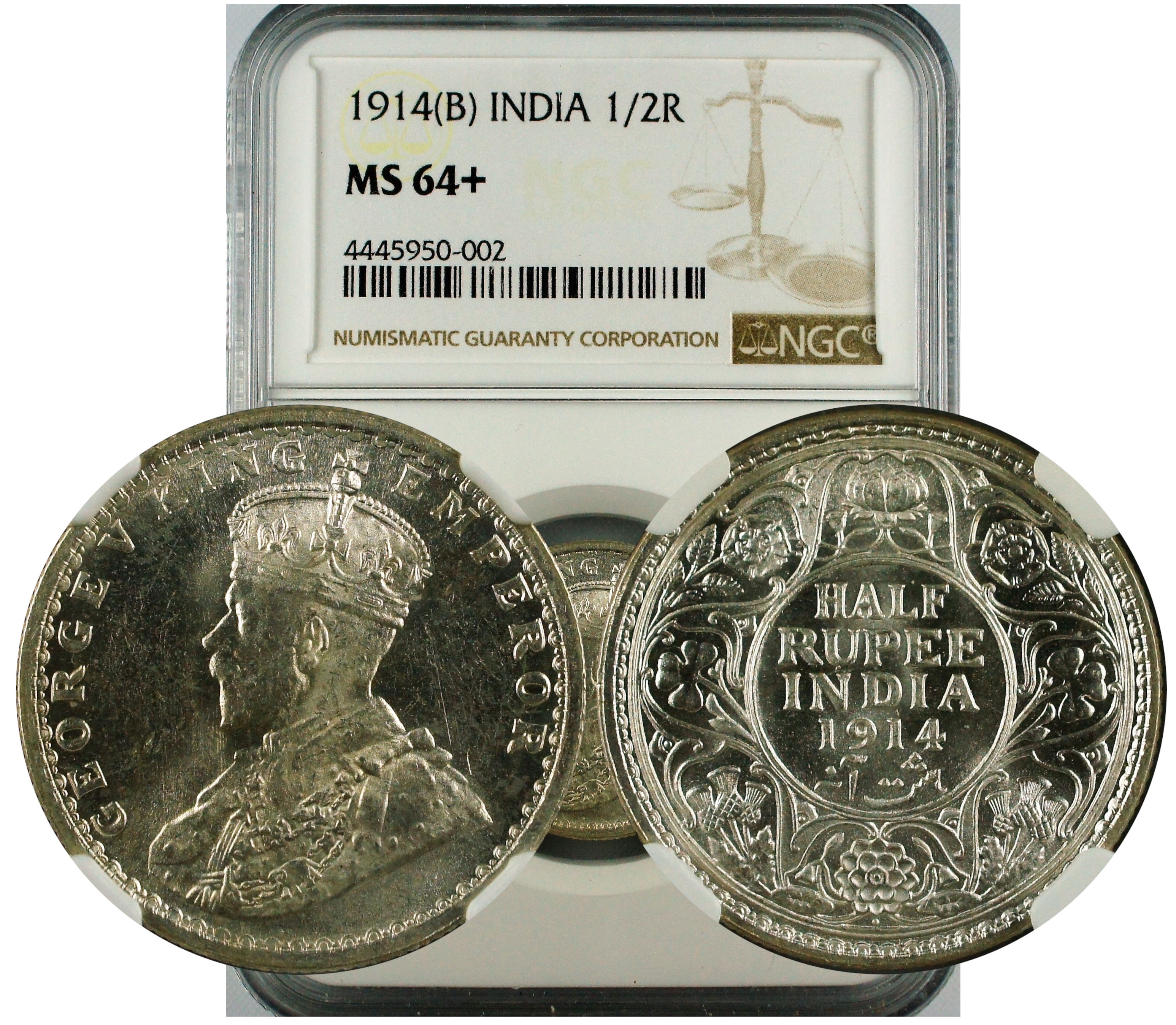 India British 1914 B 1/2 Rupee NGC MS64+